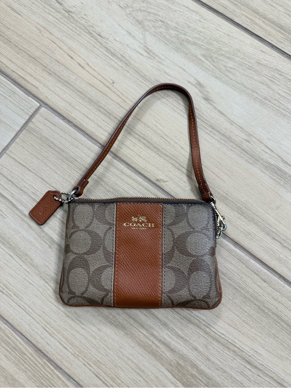 Coach Signature C Canvas Wristlet Wallet Brown Tan Stripe Corner Zip Pouch